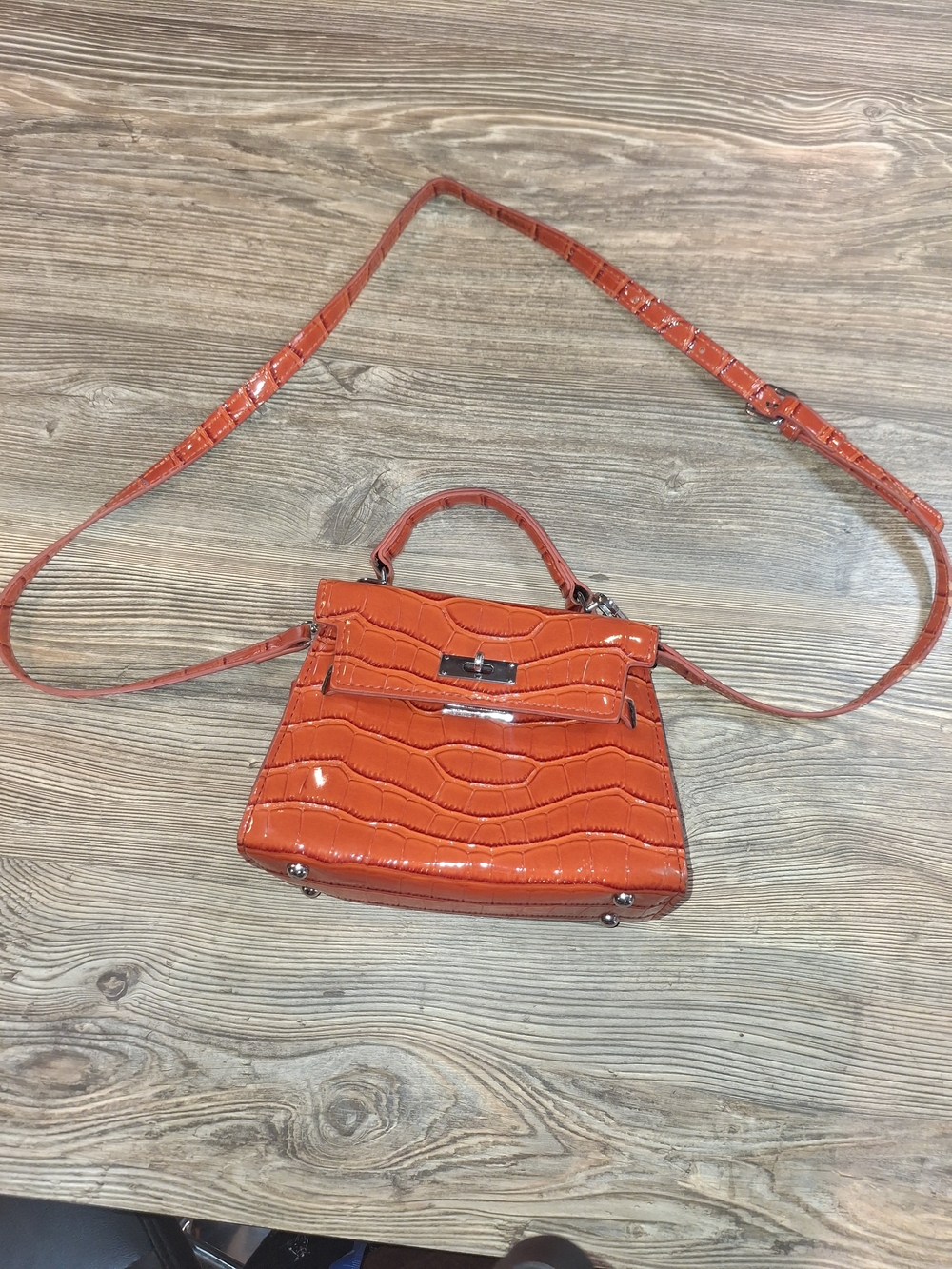 Mini Croc-Embossed Top Handle Crossbody Bag in Orange